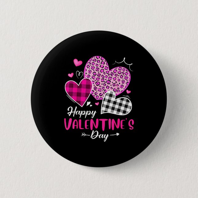 Badge Rond 5 Cm Happy Valentine's Day Leopard And Plaid Hearts Gir (Devant)