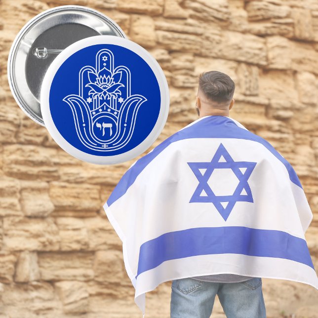 Badge Rond 5 Cm Hébreu bleu Chai main juive Miriam Hamsa (Créateur téléchargé)