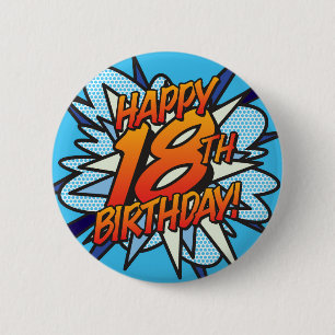 Badge Rond 5 Cm HEUREUX 18E ANNIVERSAIRE Fun Retro Comic Book