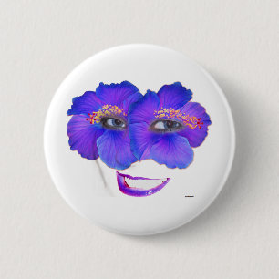 Badge Rond 5 Cm Hibiscus face avec sourire - bleu