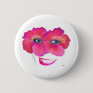 Badge Rond 5 Cm Hibiscus face avec sourire - rose