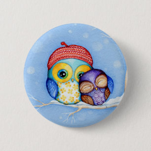 Badge Rond 5 Cm Hibou dans un petit béret rouge