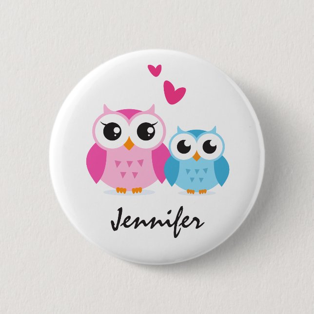 Badge Rond 5 Cm Hiboux mignons de bande dessinée avec le nom (Devant)