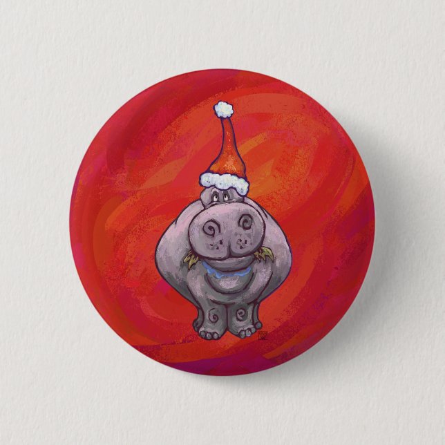 Badge Rond 5 Cm Hippo mignon à Santa Hat en rouge (Devant)