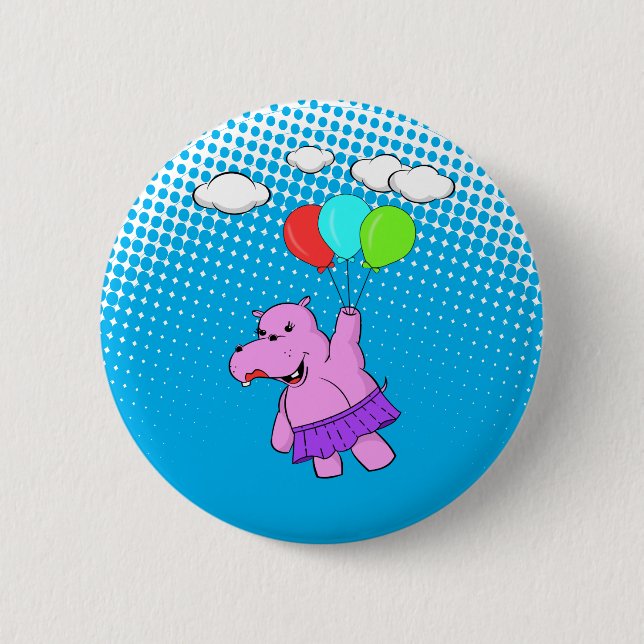 Badge Rond 5 Cm Hippo Rose Volant Avec Ballons (Devant)