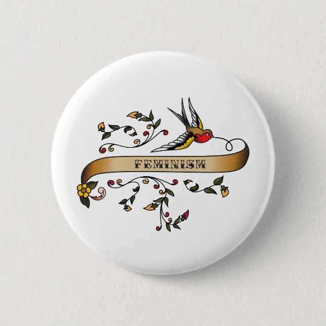 Badge Rond 5 Cm Hirondelle et rouleau avec le féminisme (Devant)