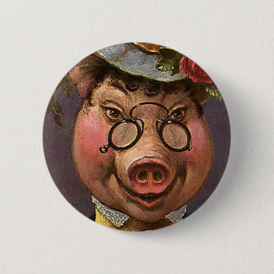 Badge Rond 5 Cm Humour Vintage, Dame Porcine Victorienne Ridicule 