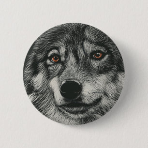 Badge Rond 5 Cm Illustration de loup noir et blanc