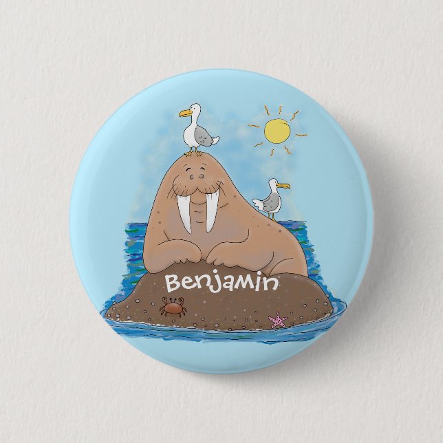 Badge Rond 5 Cm Illustration drôle de morse joyeux (Devant)