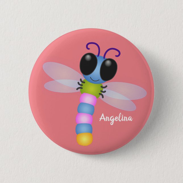 Badge Rond 5 Cm Illustration d'une libellule bleu et rose (Devant)