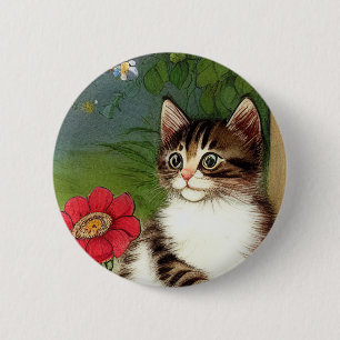 Badge Rond 5 Cm Illustration vintage de chat avec fleurs de printe