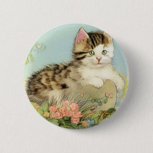 Badge Rond 5 Cm Illustration vintage de chat avec fleurs roses
