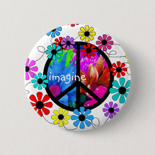 Badge Rond 5 Cm Imaginez le symbole de paix et les rétros fleurs