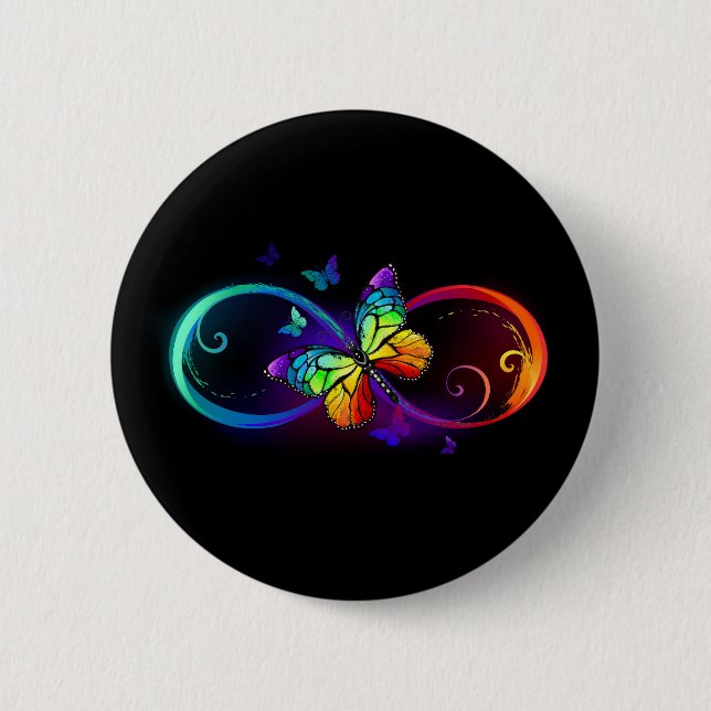 Badge Rond 5 Cm Infini vibrant avec papillon arc-en-ciel sur noir (Devant)