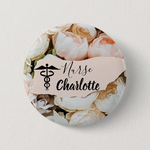 Badge Rond 5 Cm Infirmière avec nom personnalisé et fleurs pastel