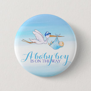 Badge Rond 5 Cm Insigne de bouton d'aquarelle de cigogne de bébé