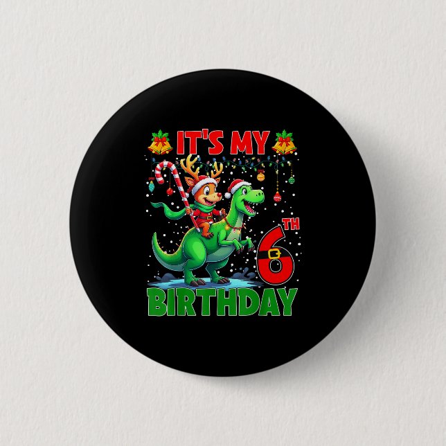 Badge Rond 5 Cm It’s My 6th Birthday Xmas Reindeer Riding Dinosaur (Devant)