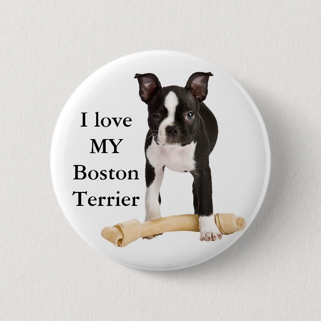 Badge Rond 5 Cm J'aime mon Boston Terrier (Devant)