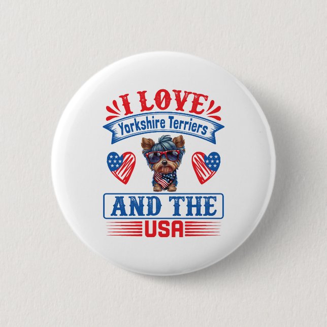 Badge Rond 5 Cm J'aime Yorkshire Terriers et les USA 01 (Devant)