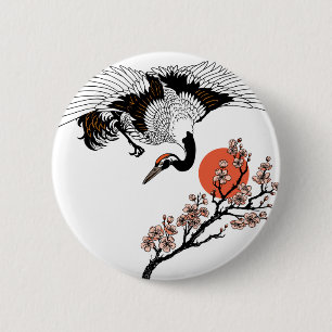 Badge Rond 5 Cm Japanese crane bird and blooming sakura