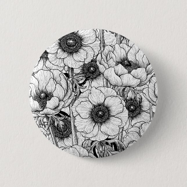 Badge Rond 5 Cm Jardin d'anémones en noir et blanc (Devant)