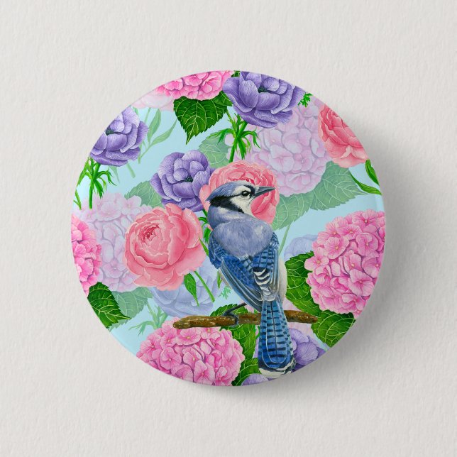 Badge Rond 5 Cm Jay bleu et fleurs motif aquarelle (Devant)