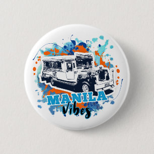 Badge Rond 5 Cm Jeepney Manille Vibes Bleu Orange
