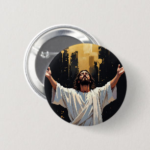Badge Rond 5 Cm Jésus-Christ Notre Sauveur Noir et Or