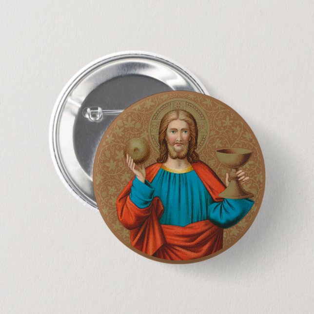 Badge Rond 5 Cm Jésus qui maintient l'Eucharistie (SNV 050) (Devant & derrière)