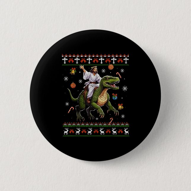 Badge Rond 5 Cm Jesus Riding Dinosaur Funny Meme Ugly Christmas Sw (Devant)