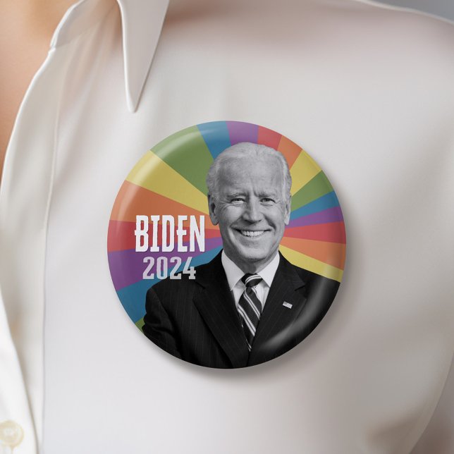 Badge Rond 5 Cm Joe Biden - photo avec rayon arc-en-ciel (Biden 2024 Button)