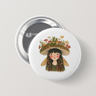 Badge Rond 5 Cm Joli bouton à revers Fée Fille aux champignons à l