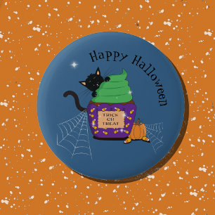 Badge Rond 5 Cm Joli bouton Halloween bleu chat noir mignon et gât