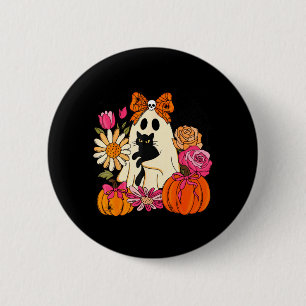 Badge Rond 5 Cm Joli fantôme tenant une citrouille florale de chat