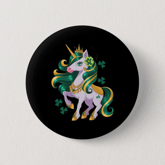 Badge Rond 5 Cm Joli Licorne Trèfle Filles Enfants St Patricks Day (Devant)