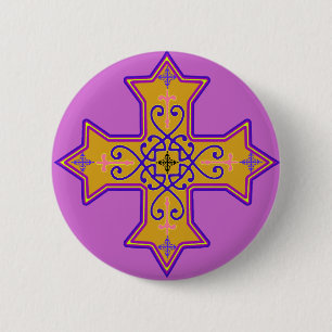 Badge Rond 5 Cm Joli or et croix copte rose