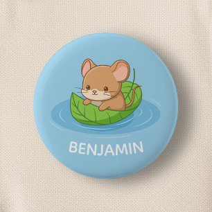 Badge Rond 5 Cm Joli Souris dans un Bateau en Feuille Bleu Nom Per