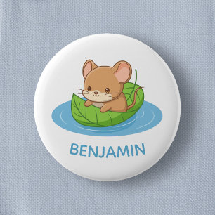 Badge Rond 5 Cm Joli Souris dans un Bateau en Feuille Nom Personna