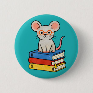 Badge Rond 5 Cm Joli Souris sur Pile de Livres