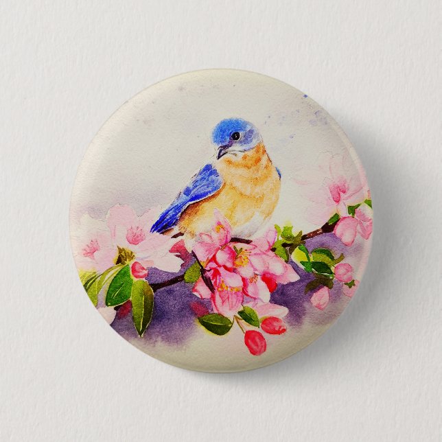 Badge Rond 5 Cm Joli tableau d'aquarelle d'oiseaux et de cerisiers (Devant)