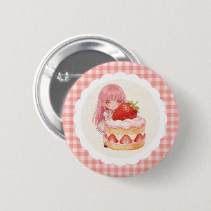 Badge Rond 5 Cm Jolie Fille à l'aquarelle avec Carreau de Fraise p