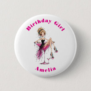Badge Rond 5 Cm Jolie fille amusante dans un verre à Martini, fill