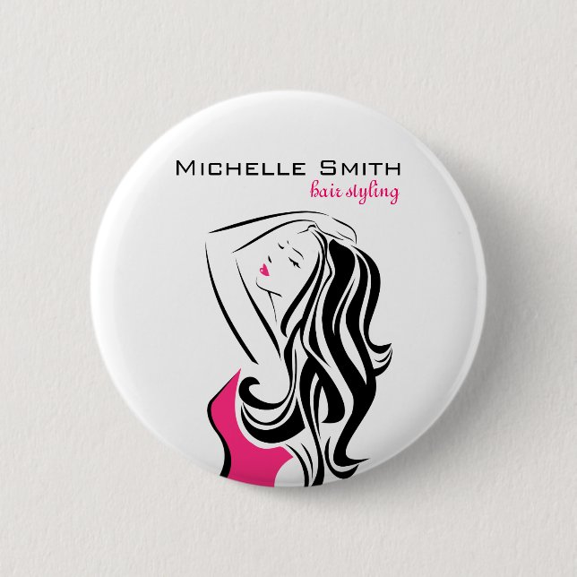 Badge Rond 5 Cm Jolie fille avec cheveux ondulés Marque de coiffur (Devant)