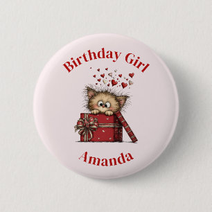 Badge Rond 5 Cm Jolie fille d'anniversaire chaton de dessin animé