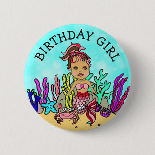 Badge Rond 5 Cm Jolie fille d'anniversaire sirène