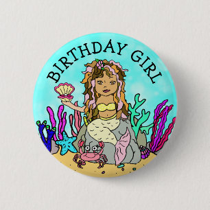 Badge Rond 5 Cm Jolie fille d'anniversaire sirène