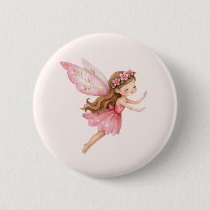 Badge Rond 5 Cm Jolie Fille Fée dans une Robe Rose Fantaisiste