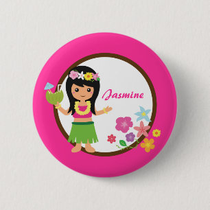Badge Rond 5 Cm Jolie Fille Hula Thème Luau Hawaïen