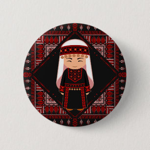 Badge Rond 5 Cm jolie fille palestinienne Broderie rouge tatreez  