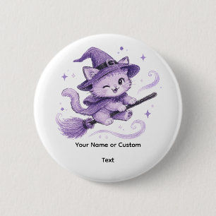 Badge Rond 5 Cm Jolie sorcière chat violet sur balai Halloween